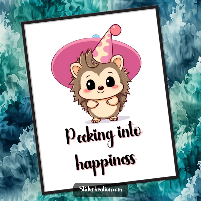 Funny hedgehog poster depicting a timid character peeking from behind a giant party hat, ideal for gentle and humorous decor.