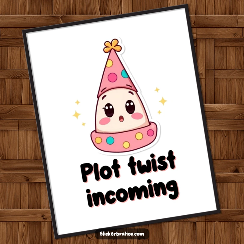 Funny poster of a surprised party hat character with wide eyes popping open, capturing a moment of hilarious shock and festive wonder.