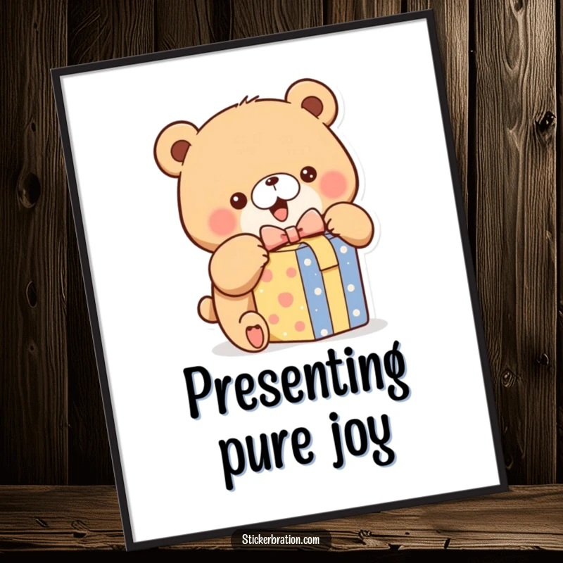 Funny poster of a chubby bear character excitedly unwrapping a colorful gift box, capturing the thrill of receiving a present.