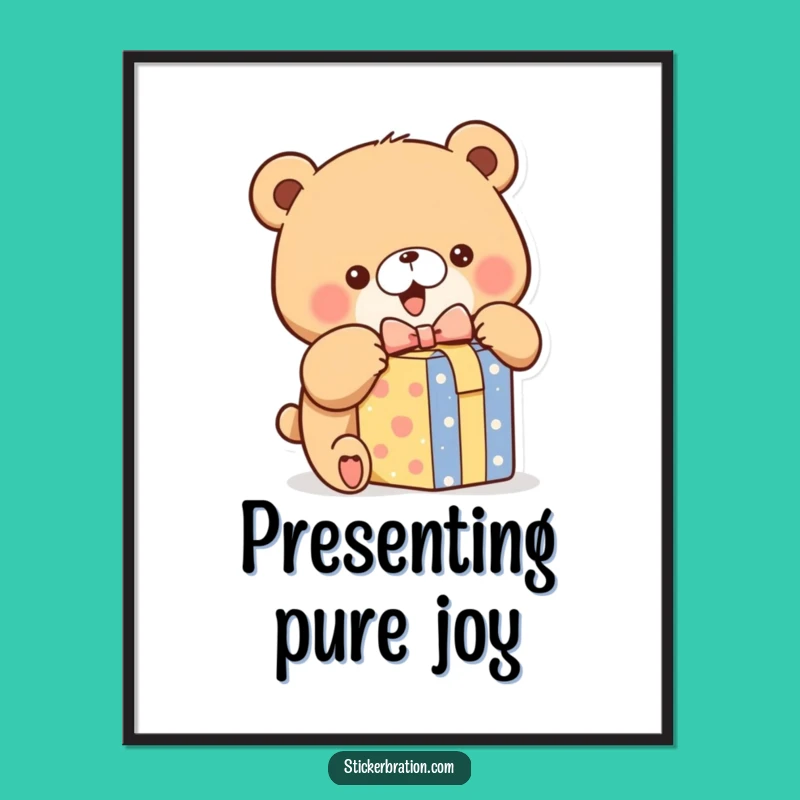 Funny Bear Unwrapping Poster: Excited Gift Box Art for Wall Decor