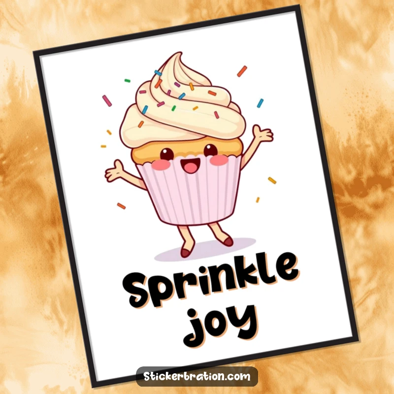 Funny cupcake poster illustrating a dancing character happily showering colorful sprinkles, adding a touch of sweet, joyful art to any space.