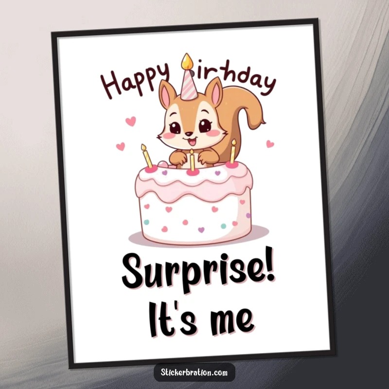 Funny poster of a mischievous squirrel character popping out of a birthday cake, creating a fun and festive scene.
