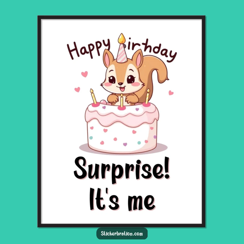 Funny Squirrel Cake Poster: Mischievous Birthday Art for Wall Decor