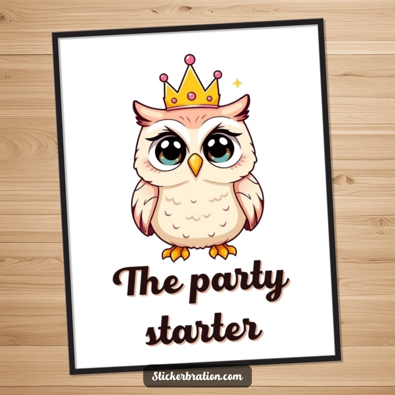 Funny poster showcasing a shocked owl with wide eyes wearing a small party crown, adding whimsical humor to decor.