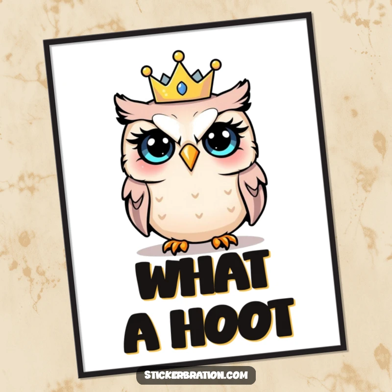 Funny poster capturing an astonished owl wearing a tiny party crown, expressing comical surprise and festive spirit.