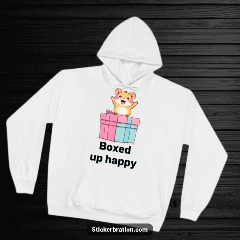Funny hoodie design showcasing an energetic hamster bouncing enthusiastically on a giant, unopened gift box, radiating pure happiness.