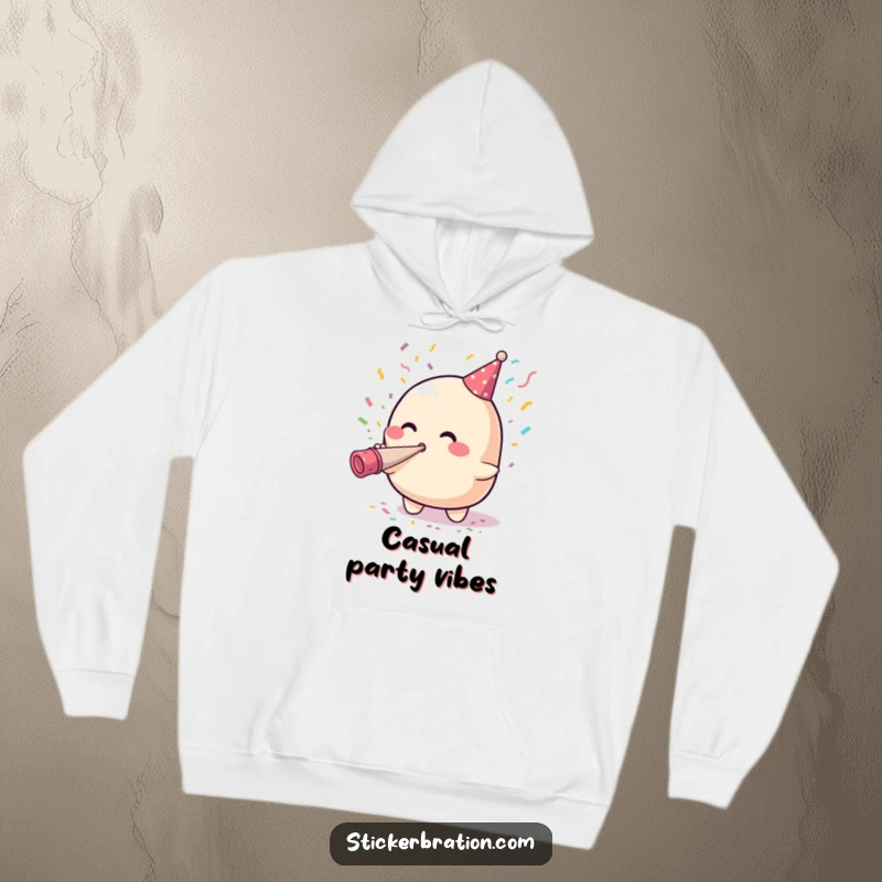 Funny hoodie with a cute, smiling blob character blasting colorful confetti from a party horn, radiating cheerful and humorous vibes.