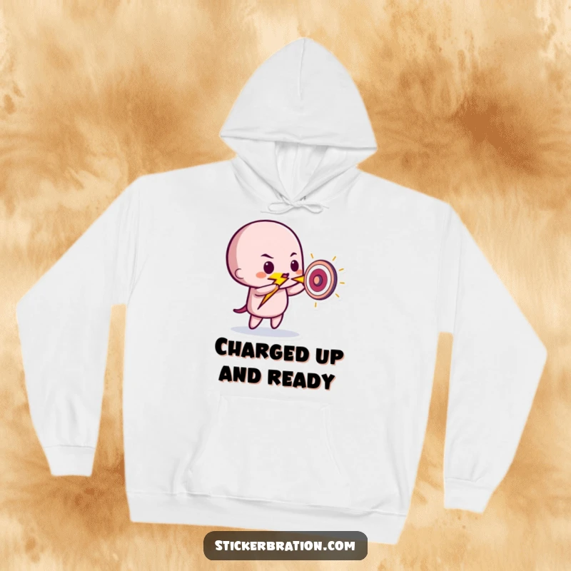 Funny hoodie featuring a determined lightning bolt character aiming and striking a tiny target with a playful, energetic vibe.