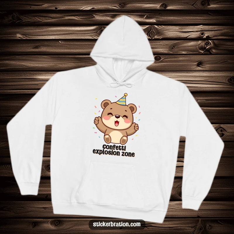Funny hoodie showing a cheerful bear adorned with a party hat, enthusiastically tossing confetti, ready for any festive occasion.