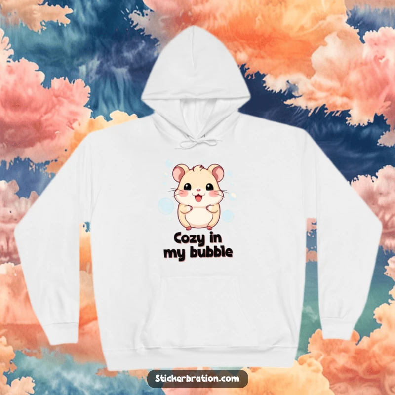 Funny hamster hoodie featuring a smiling character blissfully floating amongst effervescent bubbles. Cozy, cheerful, and utterly charming.