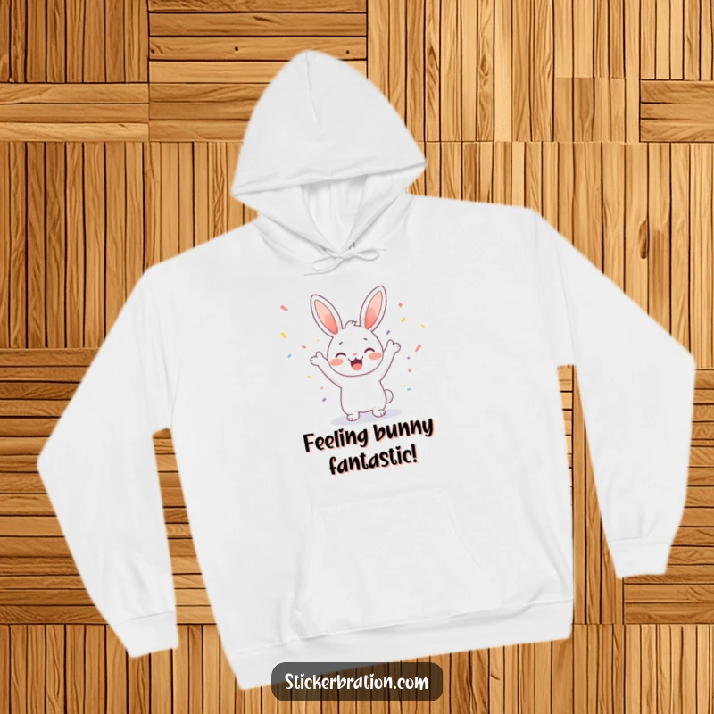 Funny hoodie with a happy bunny character celebrating with a cascade of confetti, offering warmth and a dose of cheer.