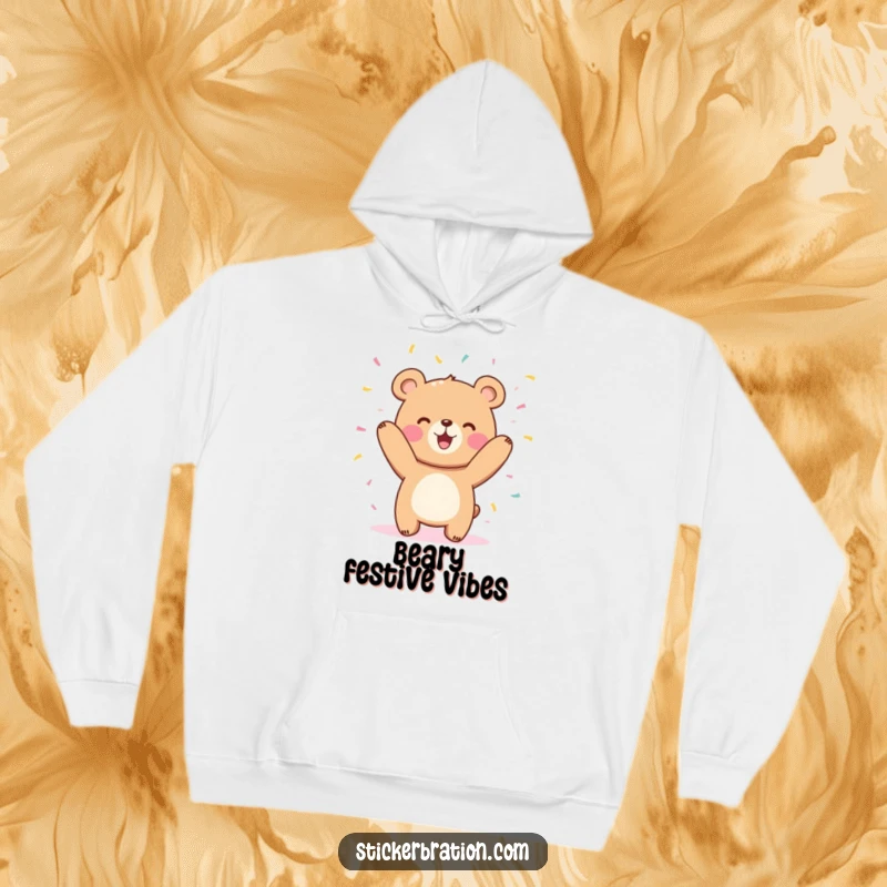 Funny cute bear character hoodie joyfully tossing confetti in the air, perfect for cozy, celebratory moments.
