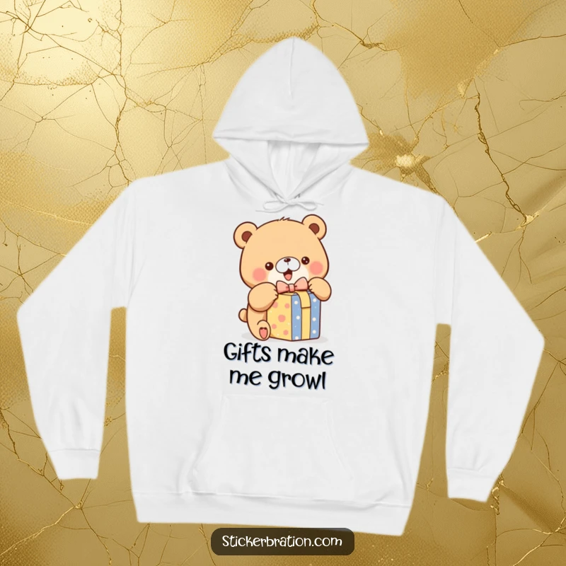 Funny hoodie featuring a chubby bear character excitedly unwrapping a brightly colored gift box, perfect for cozy celebrations.