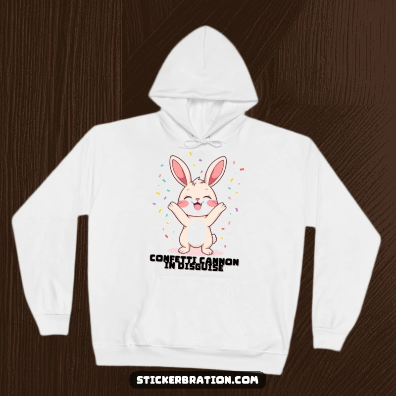 Funny bunny hoodie showing a character gleefully tossing confetti, designed for comfort and festive cheer.