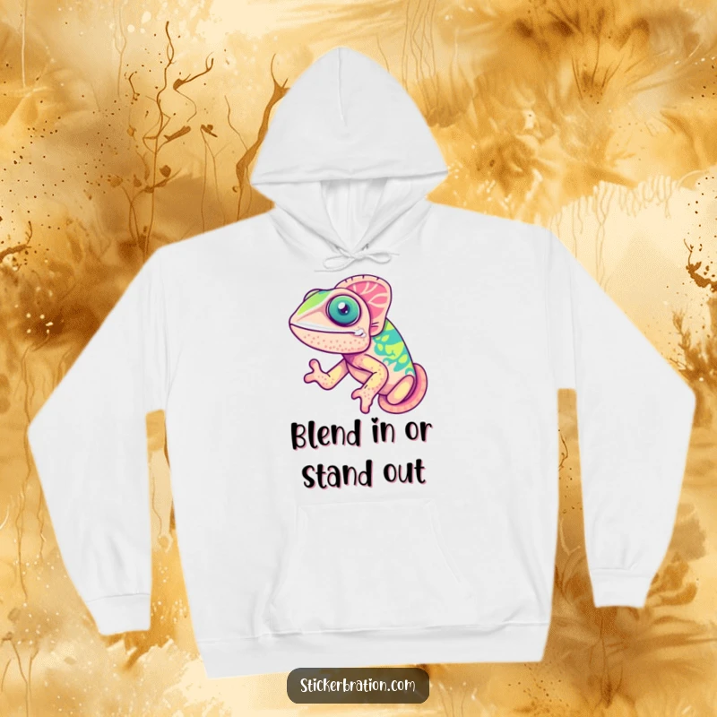 Funny chameleon hoodie showing a cute, delighted chameleon dynamically shifting colors, embodying pure, joyful excitement.