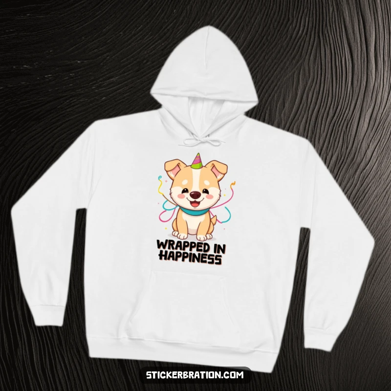 Funny hoodie depicting a happy dog playfully sporting a festive array of party streamers, ready for any celebration.