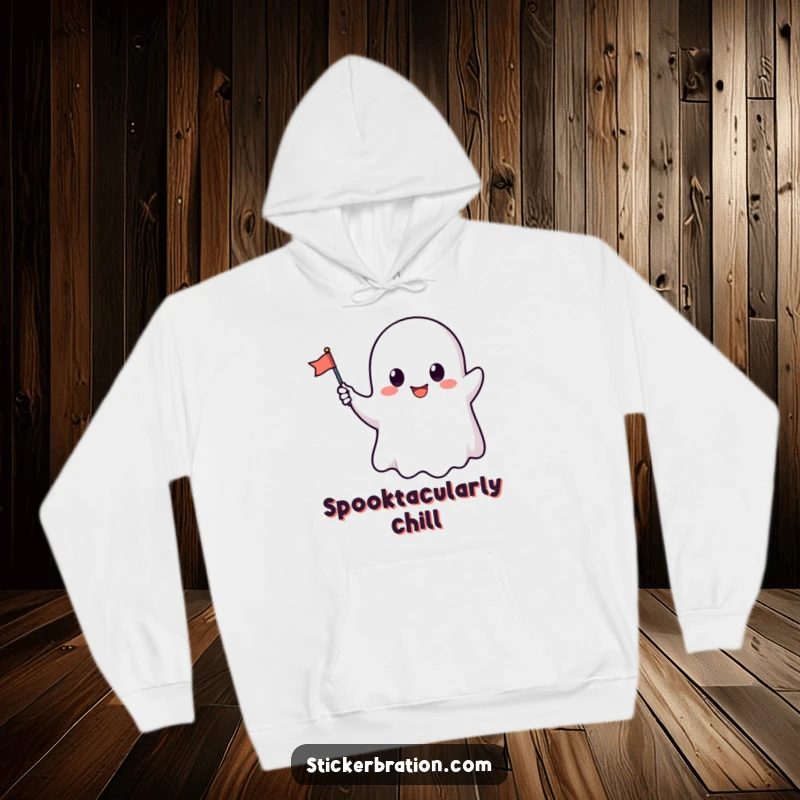 Funny hoodie featuring a lovable ghost character cheerfully waving a tiny flag, offering cozy and humorous comfort.