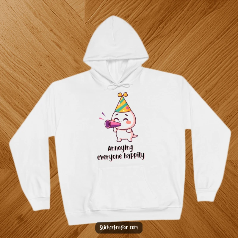 Funny hoodie featuring a character in a party hat, blowing a noisemaker with excitement, perfect for cozy celebrations.