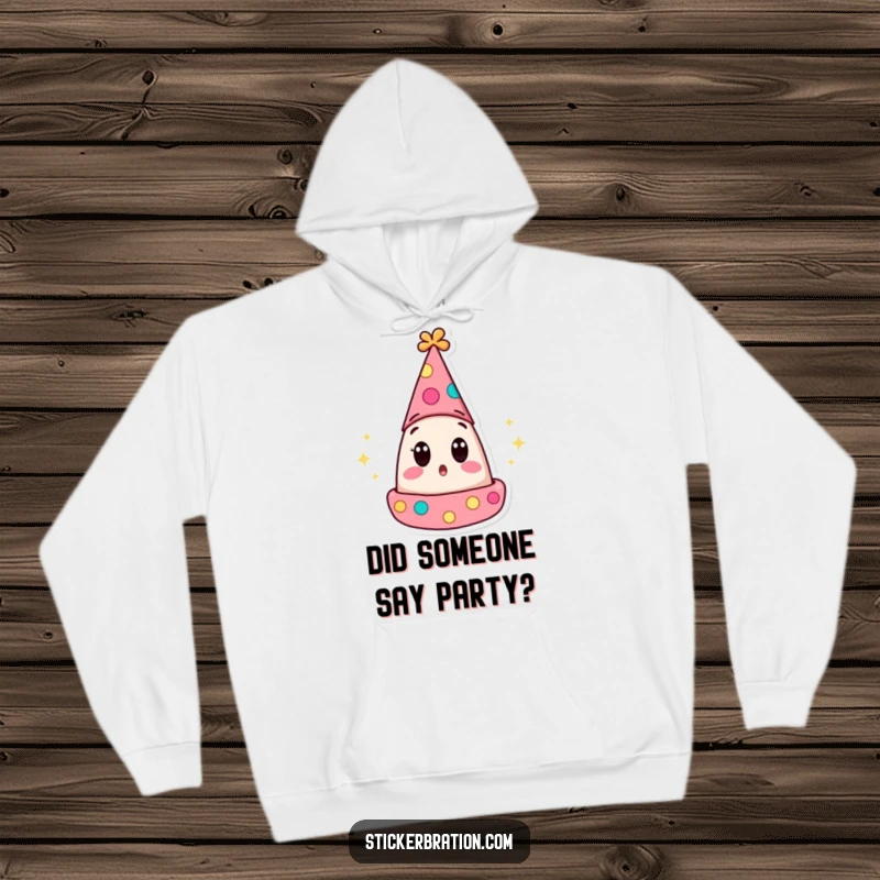 Funny hoodie featuring a surprised party hat character with wide eyes popping open, offering a blend of cozy comfort and hilarious shock.