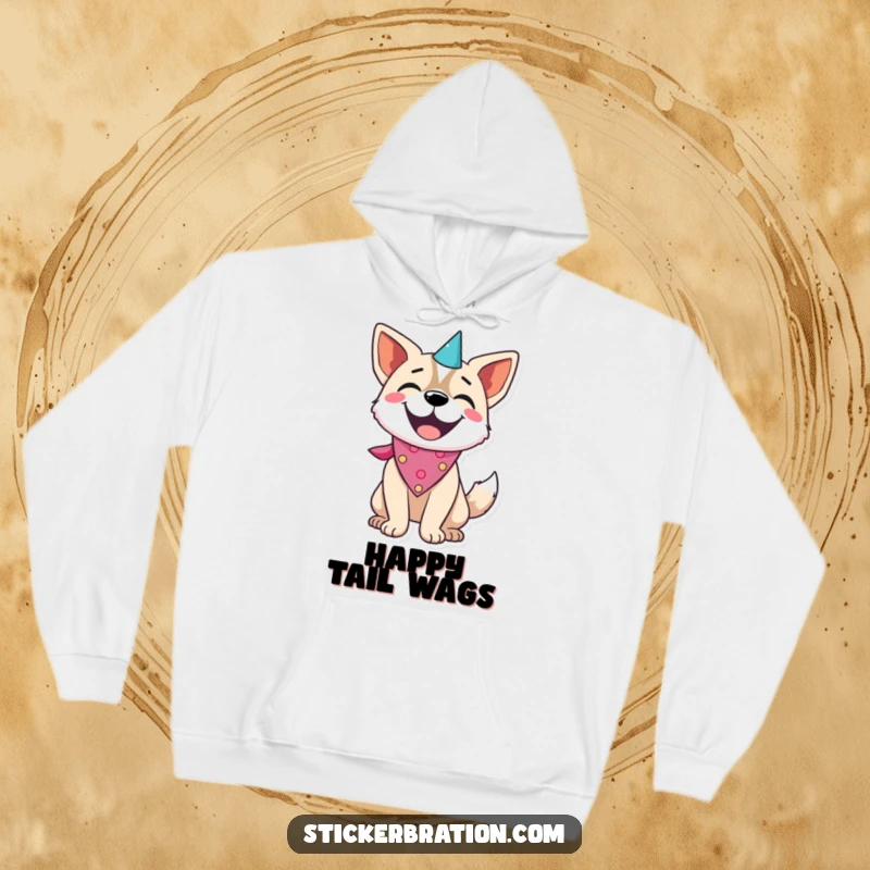 Funny dog character in a hoodie, wearing a party bandana and wagging its tail with pure delight.