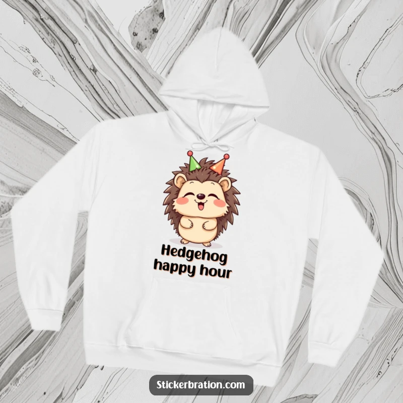 Funny Hedgehog Giggle Hoodie designed with a giggling hedgehog wearing a celebratory headband, offering warmth and a cheerful, humorous design, a great cozy gift.