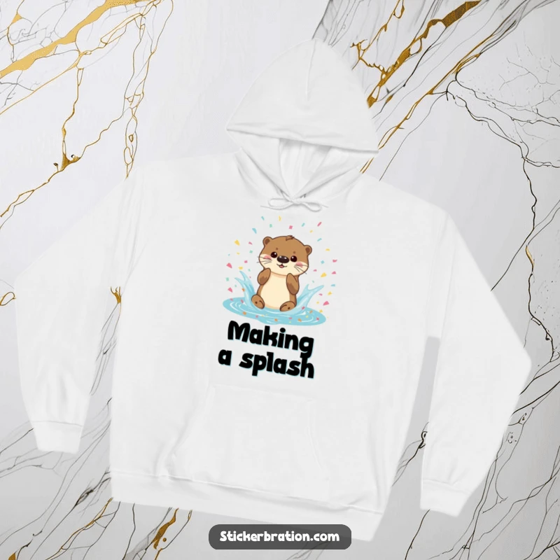 Funny Otter Splash Hoodie designed with a playful otter splashing in confetti, offering warmth and a cheerful, humorous design, a great cozy gift.