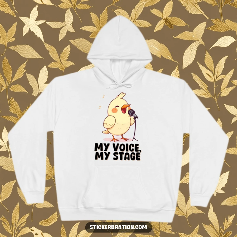 Funny bird hoodie featuring a cheerful bird holding a tiny microphone, ready to perform, offering warmth and musical humor.