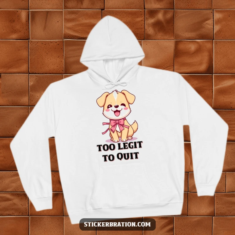 Funny dog wiggle hoodie featuring a cute cartoon pup doing an enthusiastic full-body wiggle dance adorned with a party ribbon.