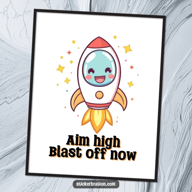 Funny Free Printable Wall Art: A smiling rocket character blasting off into space, leaving a trail of confetti and glittering stars.