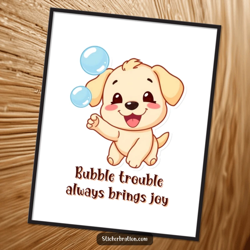 Funny Free Printable Wall Art: A cheerful puppy gleefully chases a stream of iridescent bubbles, full of delight.