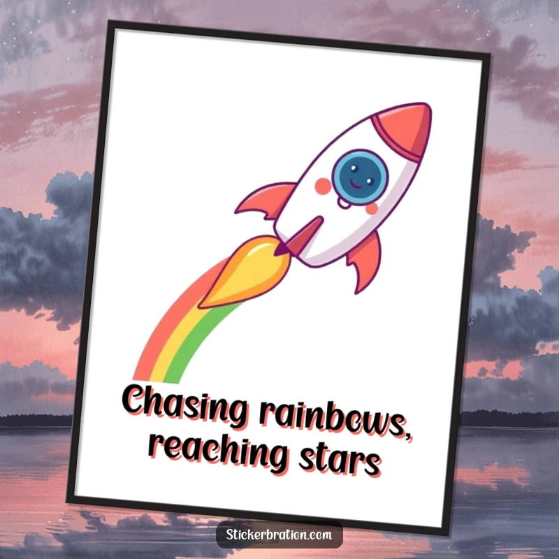 Funny Free Printable Wall Art: A cheerful rocket character soaring high, leaving an awe-inspiring, multi-colored rainbow trail across the expanse.
