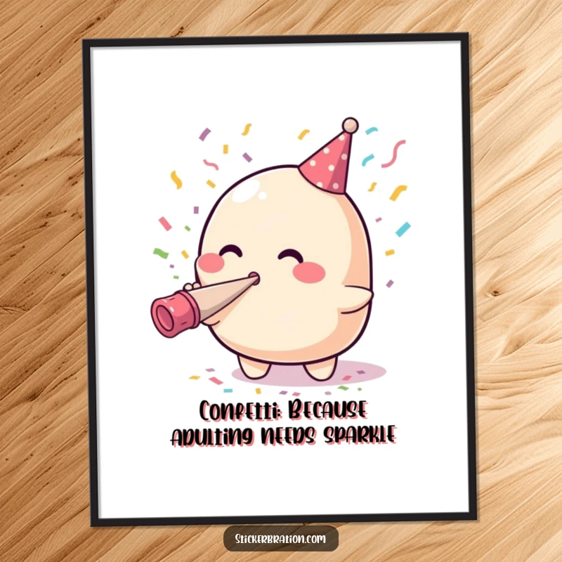 Funny Free Printable Wall Art: A cute blob joyfully blows confetti from a party horn, creating a vibrant, celebratory scene.