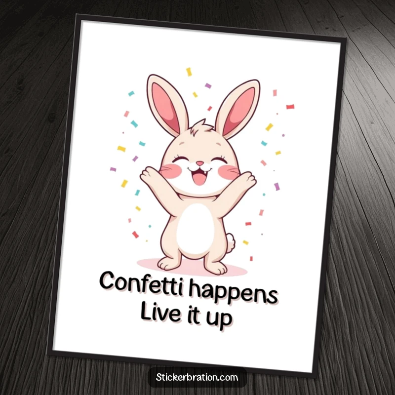 Funny Free Printable Wall Art: A happy bunny gleefully tossing a shower of confetti, perfect downloadable decor.