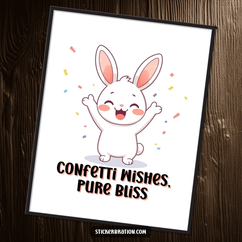 Funny Free Printable Wall Art: Cute bunny character celebrating enthusiastically with a rain of confetti, a joyful downloadable art piece.