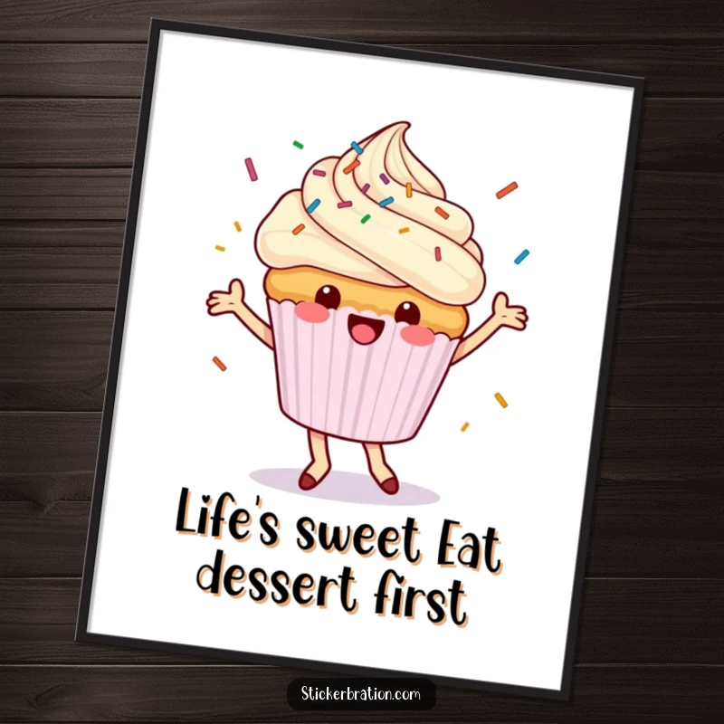 Funny Free Printable Wall Art: A dancing cupcake character happily showering down colorful sprinkles, creating a festive and joyful atmosphere.