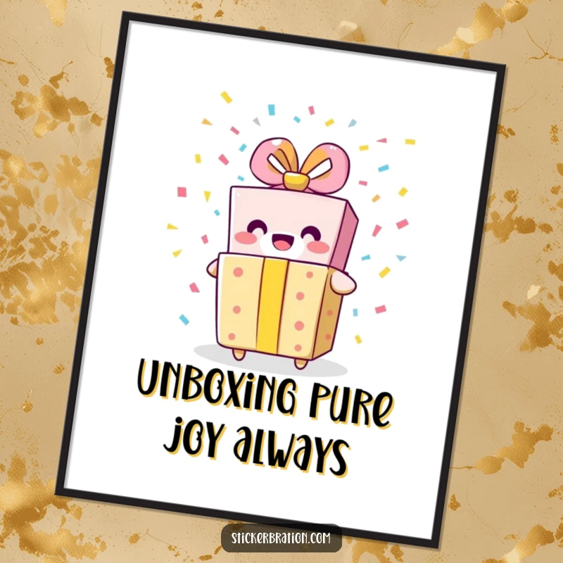 Funny Free Printable Wall Art: A smiling gift box character comically bursts open, showering the viewer with a vibrant explosion of confetti.