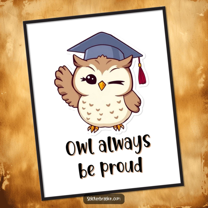 Funny Free Printable Wall Art: A winking owl sporting a graduation cap, captured mid-toss, exuding smarts and playful celebration.