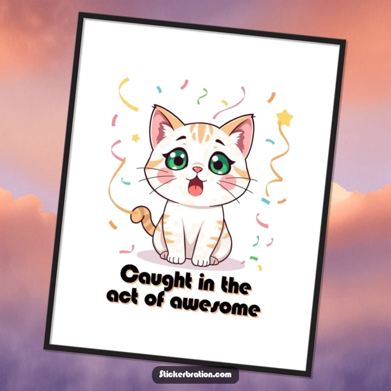 Funny Free Printable Wall Art: A surprised cat with wide eyes, enveloped by colorful streamers, creating whimsical decor.