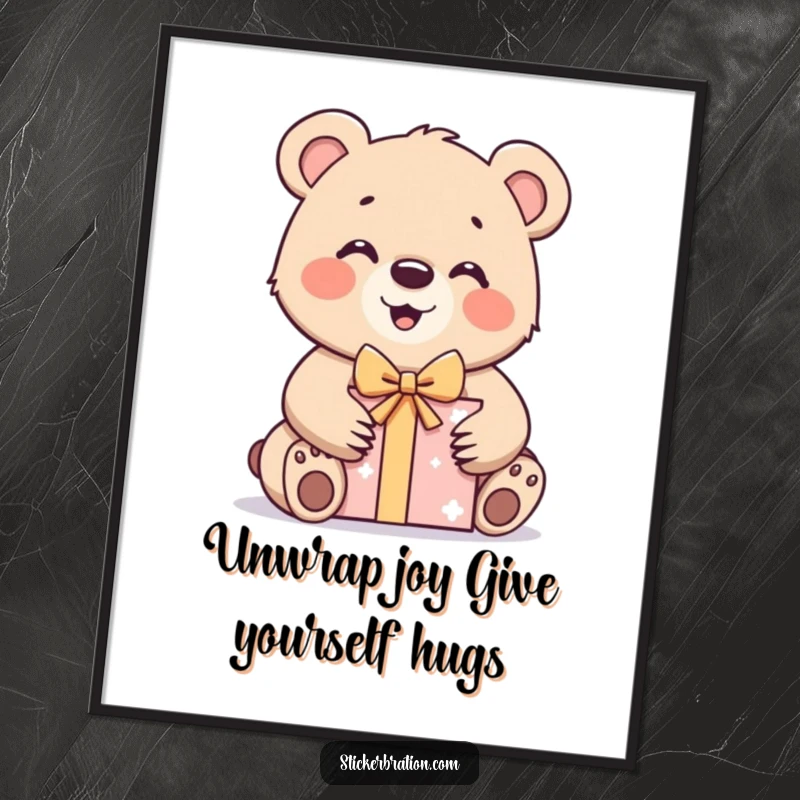 Funny Free Printable Wall Art: A cheerful bear cub excitedly opening a gift box, perfect downloadable decor.
