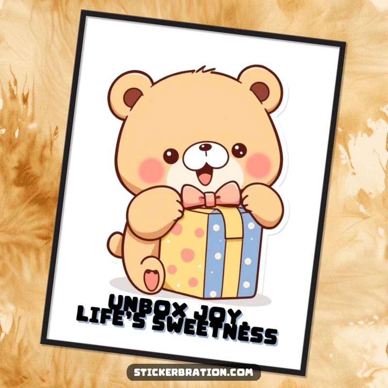 Funny Free Printable Wall Art: Chubby bear character excitedly opening a brightly colored gift box, a fun downloadable art piece.