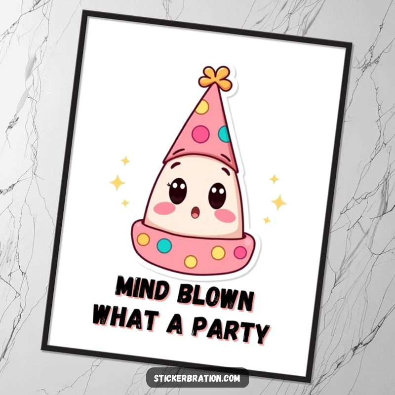 Funny Free Printable Wall Art of a party hat character with wide, surprised eyes popping open.