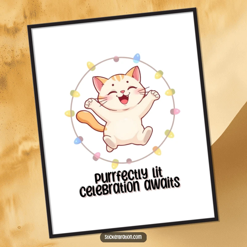 Funny Free Printable Wall Art of a smiling cat leaping through a dazzling hoop of lights, capturing a moment of pure joy.