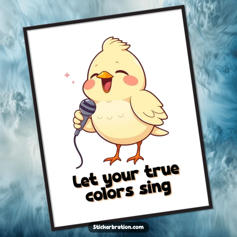 Funny Free Printable Wall Art of a cheerful bird singing its heart out into a tiny microphone, filling the space with sound.