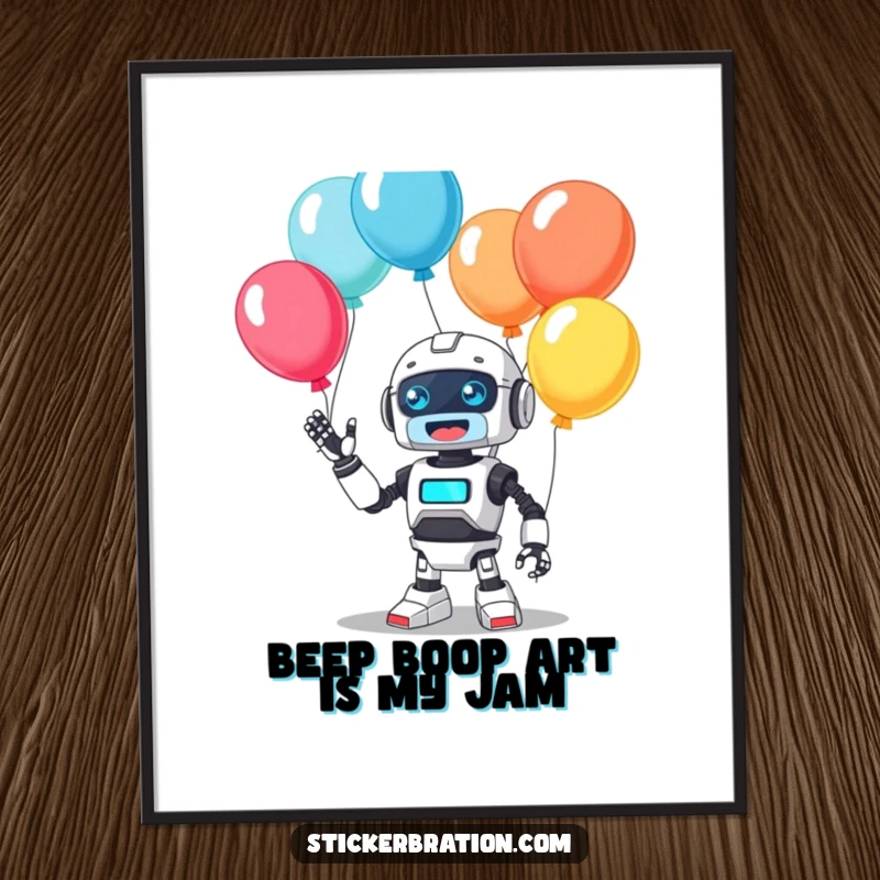 Funny Free Printable Wall Art: A cute robot joyfully juggles colorful balloons, beeping with pure happiness and quirky charm.