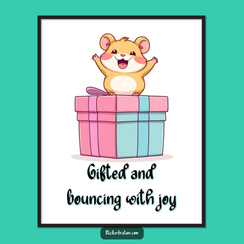 Funny Free Printable Wall Art: Hamster Bouncing on Present, Whimsical Downloadable Decor