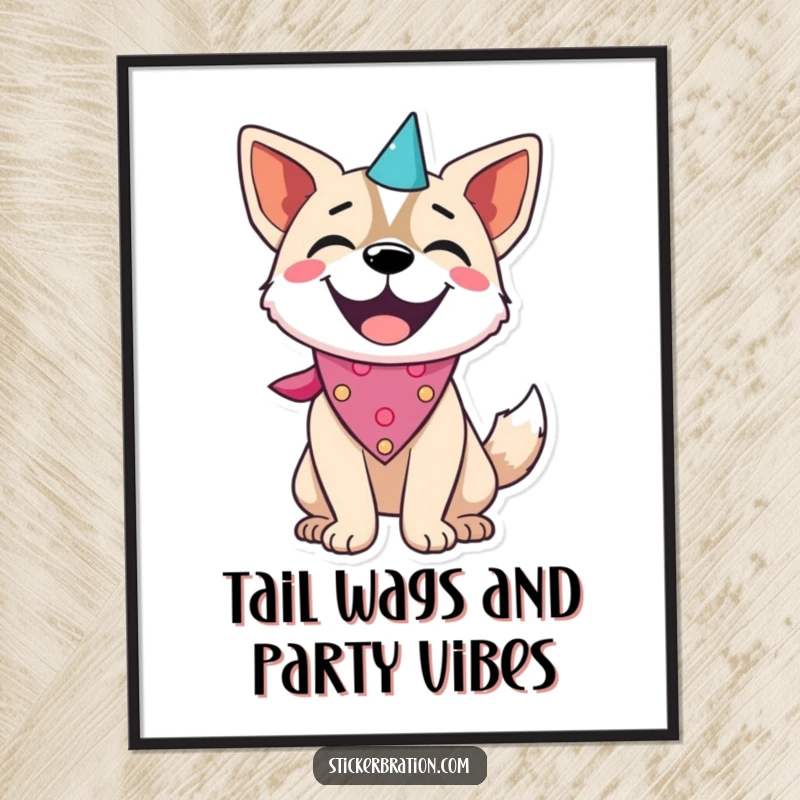 Funny Free Printable wall art showing a joyful dog wearing a party bandana and wagging its tail with pure happiness and celebratory spirit.