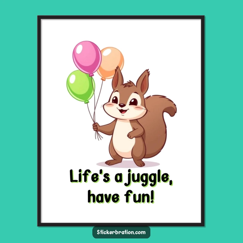 Funny Free Printable Wall Art: Squirrel Juggling Balloons, Whimsical Decor