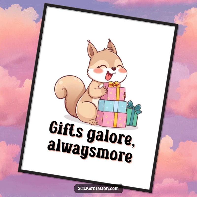 Funny Free Printable Wall Art: A cheerful squirrel giggling uncontrollably while holding a large, uneven stack of festive gifts.