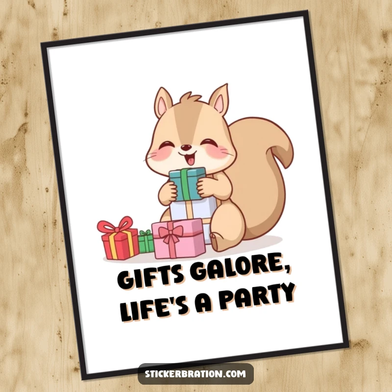 Funny Free Printable Wall Art depicting a giggling squirrel surrounded by a huge stack of colorful gifts, embodying joy and abundance.