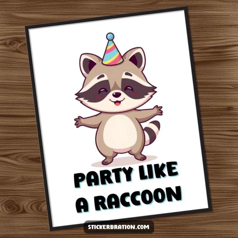 Funny free printable wall art of a happy raccoon character wearing a party hat and doing a joyful jig with a playful expression.